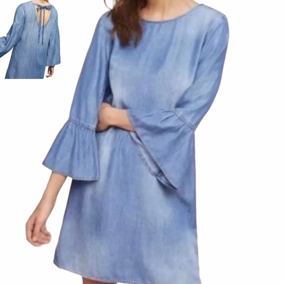 Anthropologie Cloth & Stone Small Chambray Bell Sleeve Swing Dress Minimalist - Picture 1 of 10